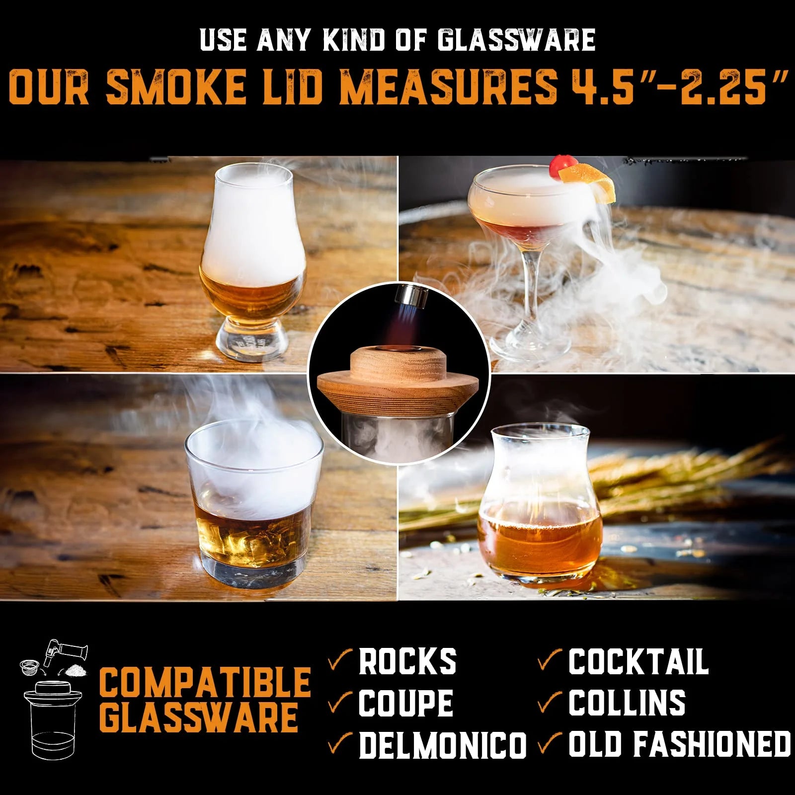 Whiskey Cocktail Smoker Kit with Torch & 8 Flavors Wood Chips - Premium USA Oak Smoker - Old Fashioned Smoker Kit - Bourbon Gifts for Men (With Butane)