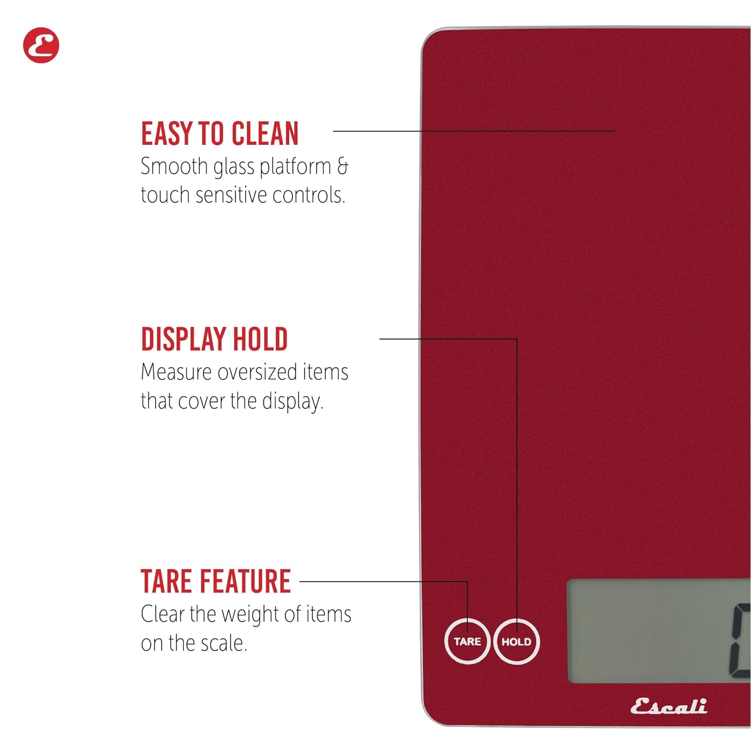 Arti Glass Food Scale Digital Countertop Kitchen, Baking and Cooking Scale with Nutrition and Calorie Counter, 15-Pound Capacity, 9" X 6.5" X .75", Rio Red