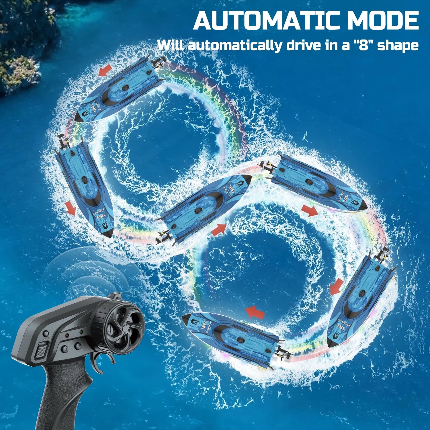 Remote Control Boat with LED Lights, 25+ Mph, 12 Inch High-Speed RC Racing Boats for Pool & Lakes, Pool Toys for Kids & Adults, Blue