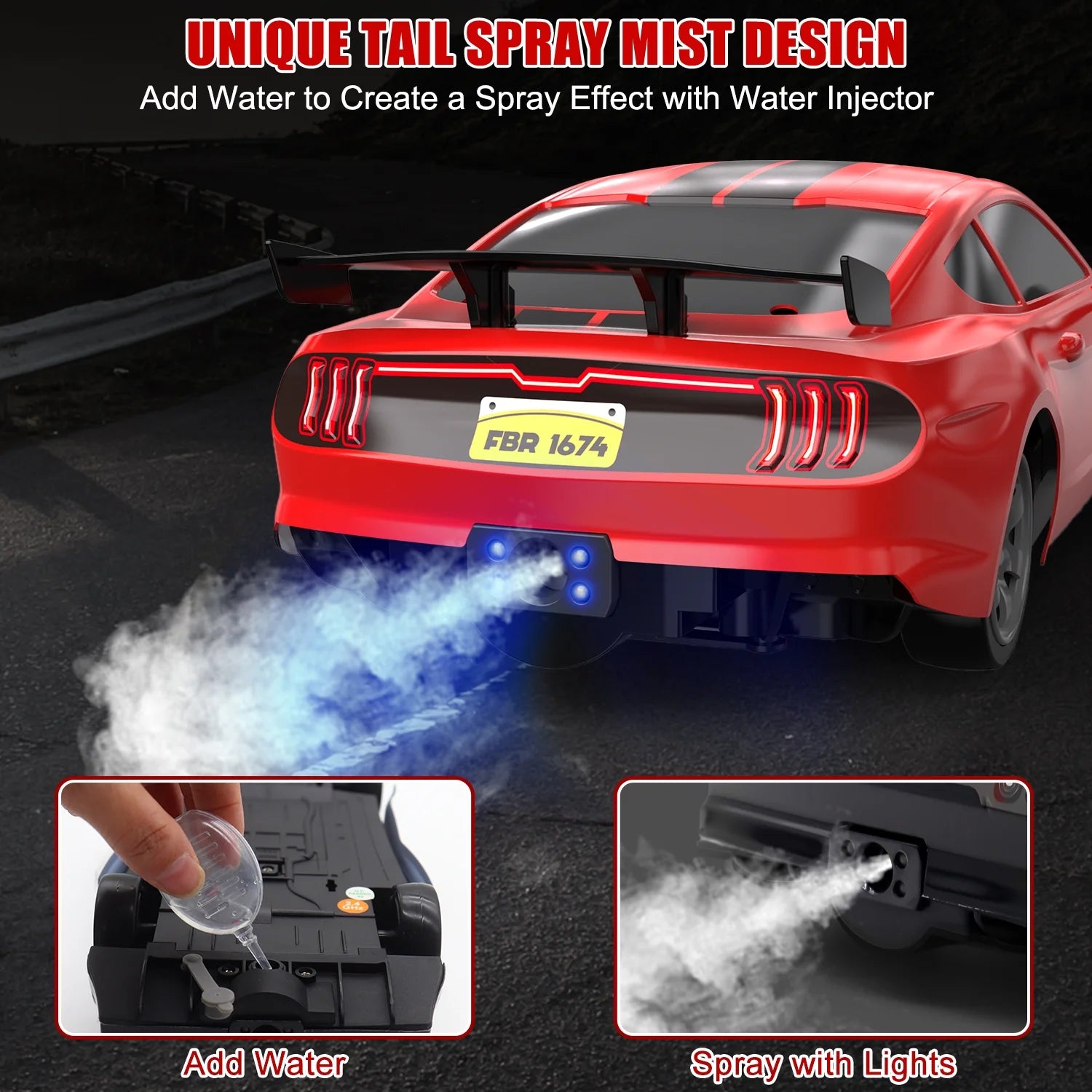 1:16 Scale Remote Control Car RC Drift Car, 4WD 18KM/H High Speed Model Vehicle with LED Lights Spray Rubber Tire Racing Sport Toy Car