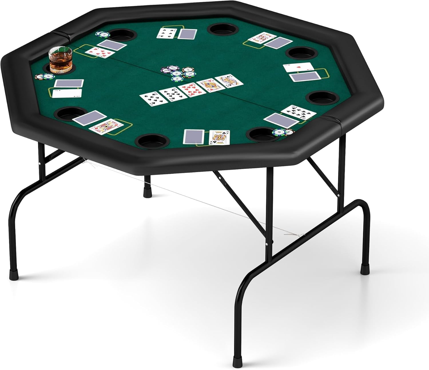 Foldable Poker Table, Octagon Card Table W/Cup Holder, Casino Leisure Table Top Texas Hold 'Em Poker Table Folding for Blackjack Board Game, Green Speed Felt