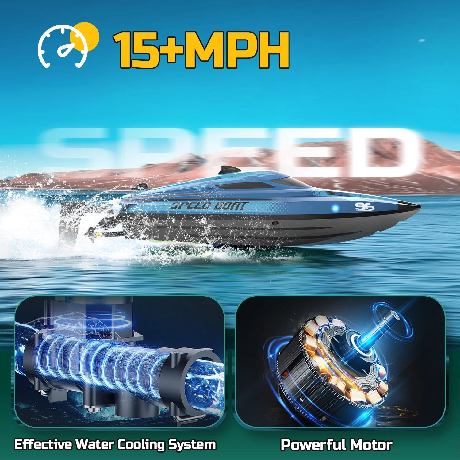 Remote Control Boat with LED Lights, 25+ Mph, 12 Inch High-Speed RC Racing Boats for Pool & Lakes, Pool Toys for Kids & Adults, Blue