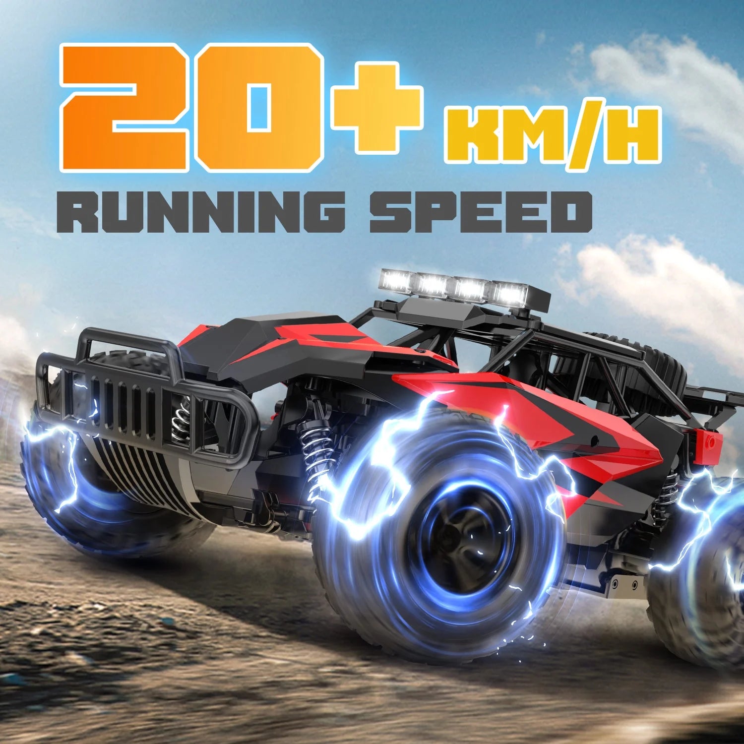 RC Cars 1:14 Scale Remote Control Truck, 15+ Mph High Speed Monster Truck with LED Headlights, Chassis Lights and 2 Batteries for Boys Kids, Red