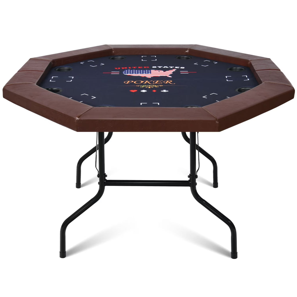 Poker Table Foldable, 8 Player Octagonal Texas Holdem Table W/Cushioned Rail, Stainless Steel Cup Holders, Casino-Grade Felt Surface (Brown)