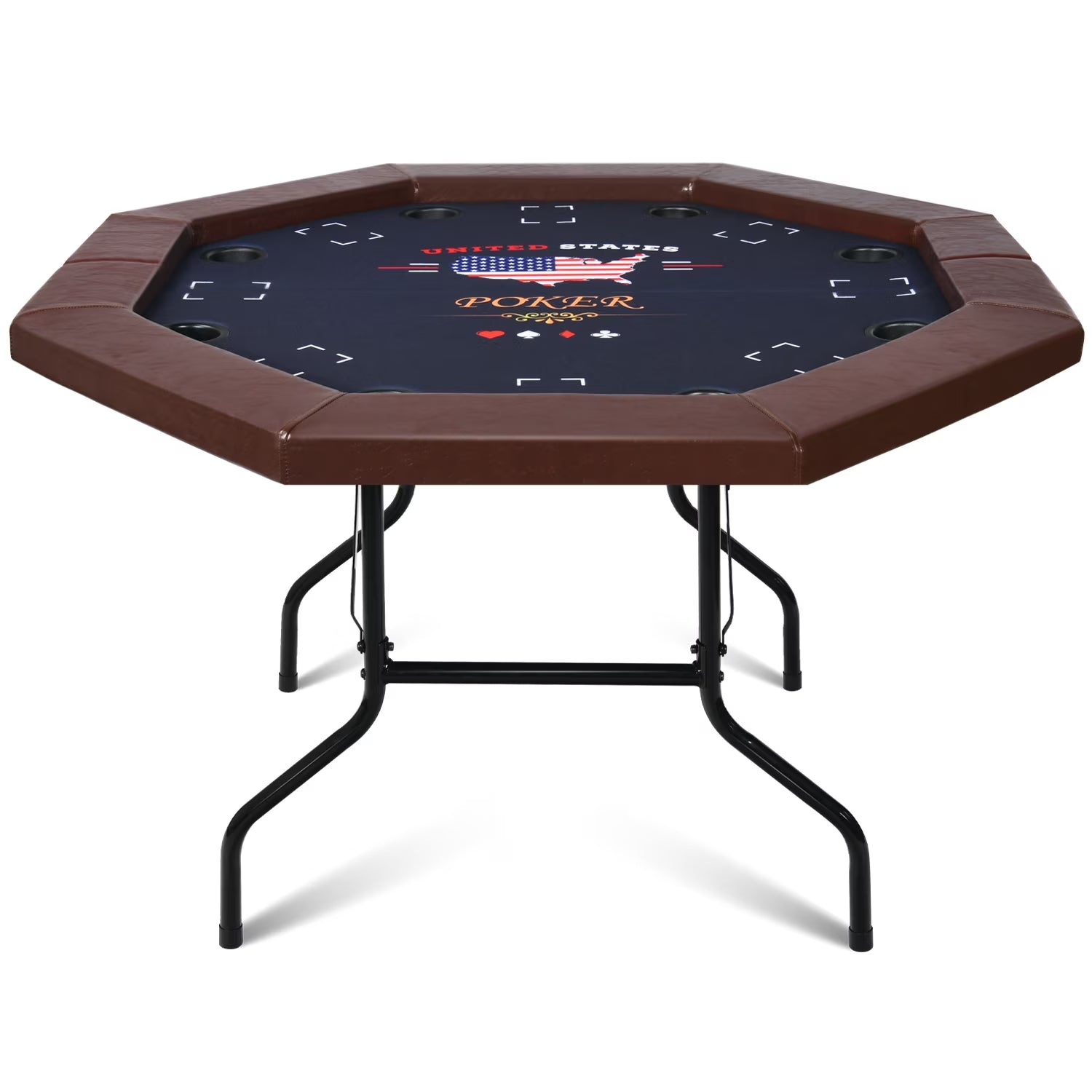 Poker Table Foldable, 8 Player Octagonal Texas Holdem Table W/Cushioned Rail, Stainless Steel Cup Holders, Casino-Grade Felt Surface (Brown)