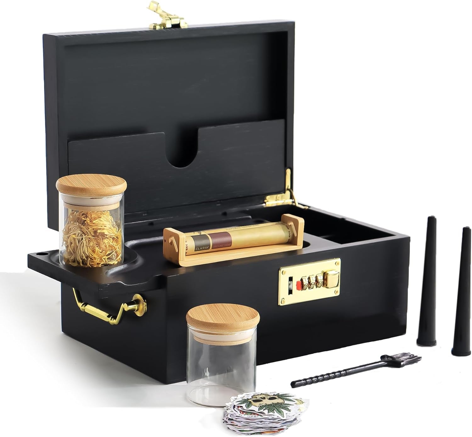 Bamboo Stash Boxes with Combination Lock, Upgraded with Metal Carrying Handle Ho