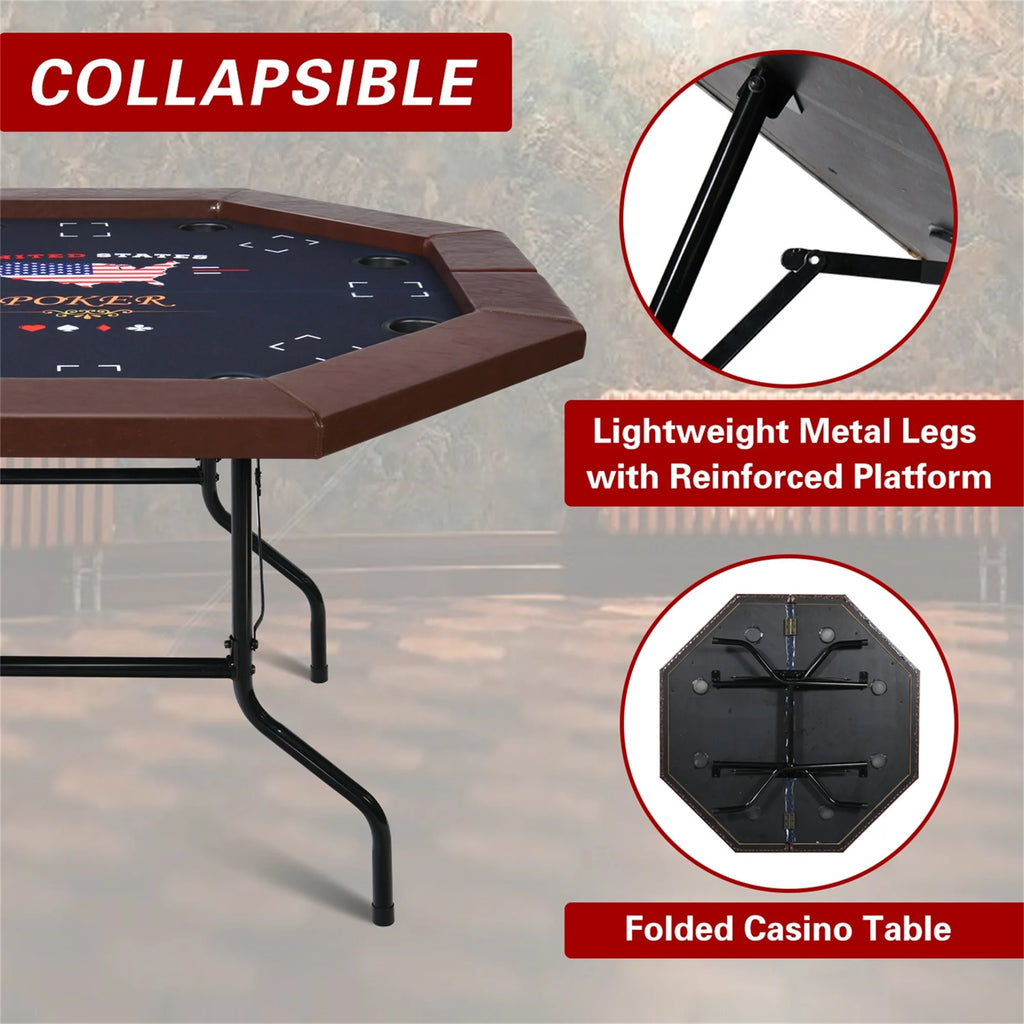 Poker Table Foldable, 8 Player Octagonal Texas Holdem Table W/Cushioned Rail, Stainless Steel Cup Holders, Casino-Grade Felt Surface (Brown)