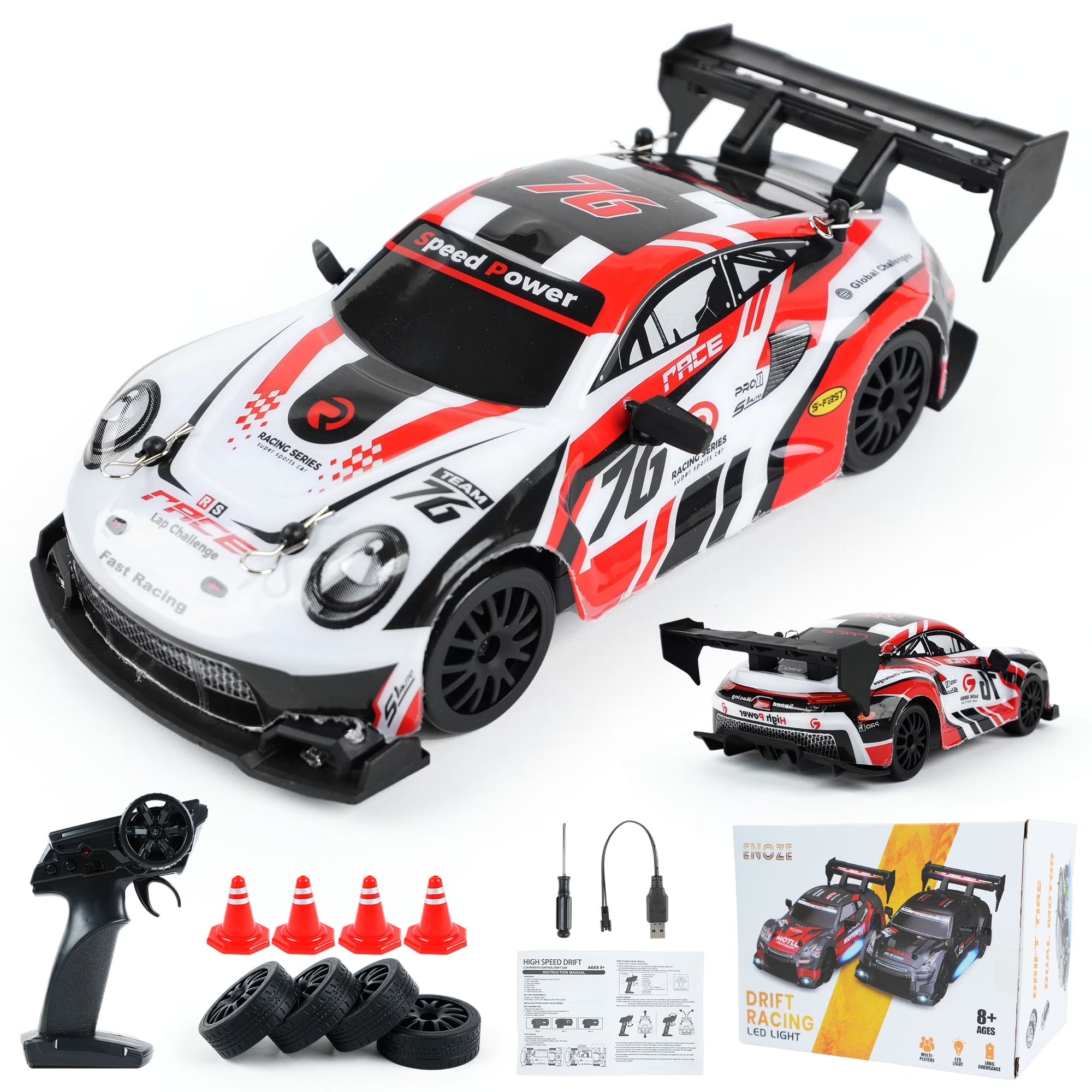 RC Drift Car 1/24 2.4Ghz 4WD High Speed Remote Control Cars Vehicle with LED Lights, 30KM/H RC Race Car Toys for Boys Kids Adults