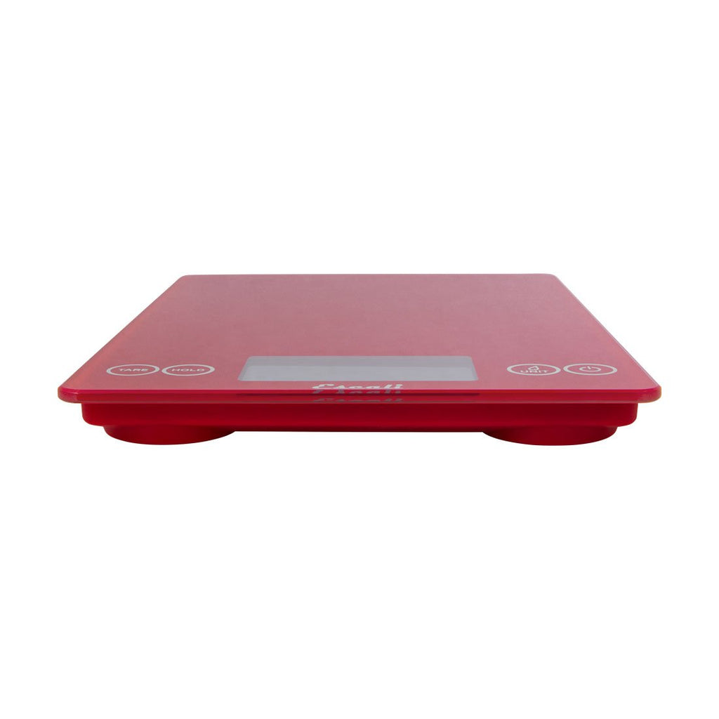 Arti Glass Food Scale Digital Countertop Kitchen, Baking and Cooking Scale with Nutrition and Calorie Counter, 15-Pound Capacity, 9" X 6.5" X .75", Rio Red