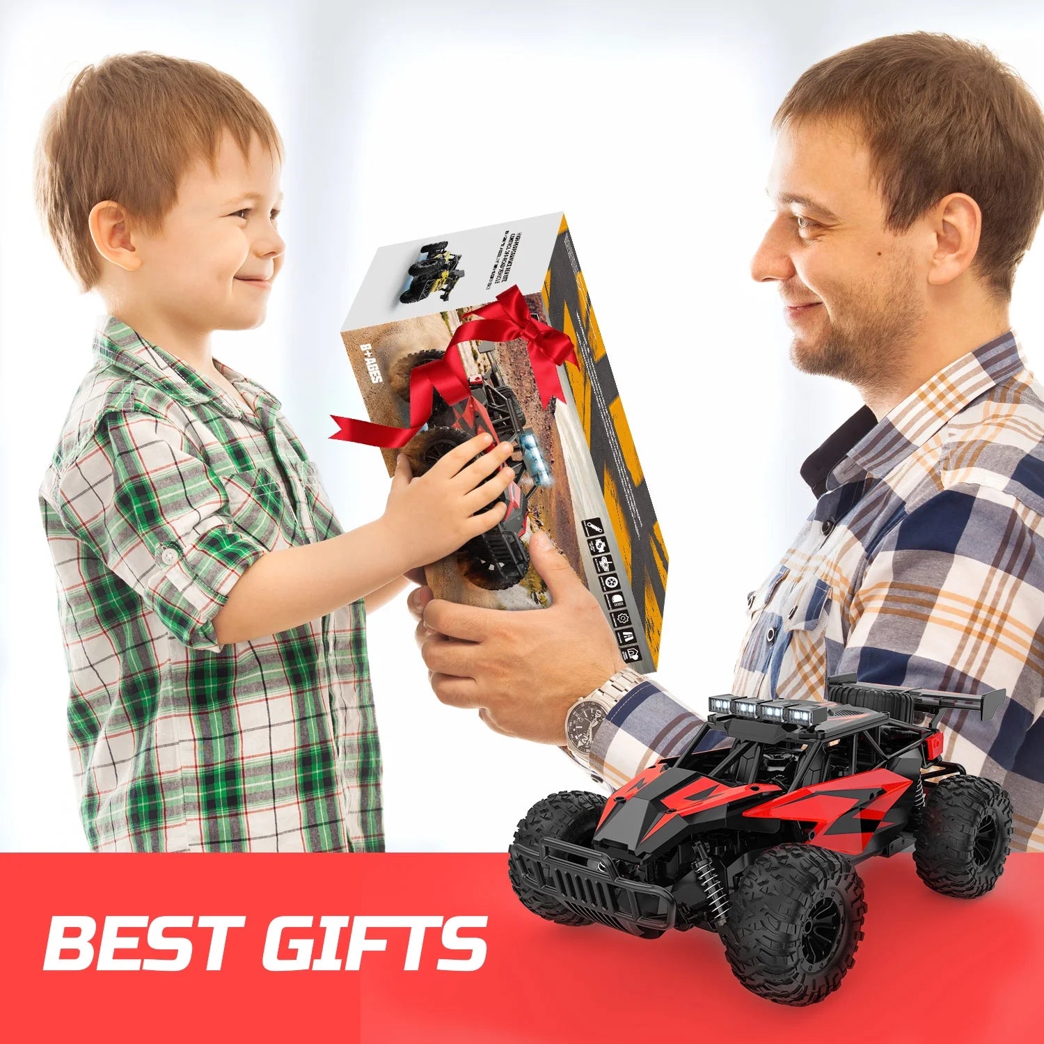 RC Cars 1:14 Scale Remote Control Truck, 15+ Mph High Speed Monster Truck with LED Headlights, Chassis Lights and 2 Batteries for Boys Kids, Red