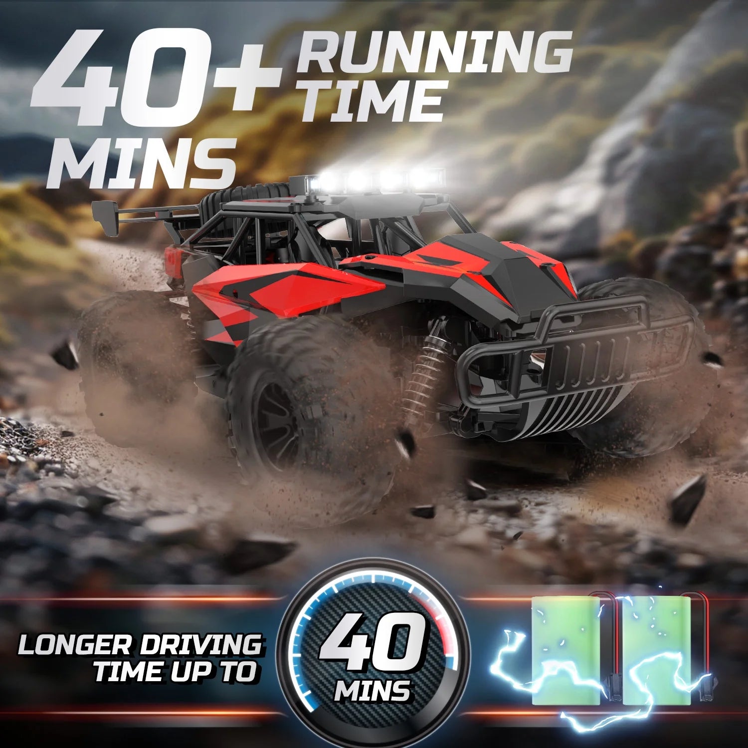 RC Cars 1:14 Scale Remote Control Truck, 15+ Mph High Speed Monster Truck with LED Headlights, Chassis Lights and 2 Batteries for Boys Kids, Red