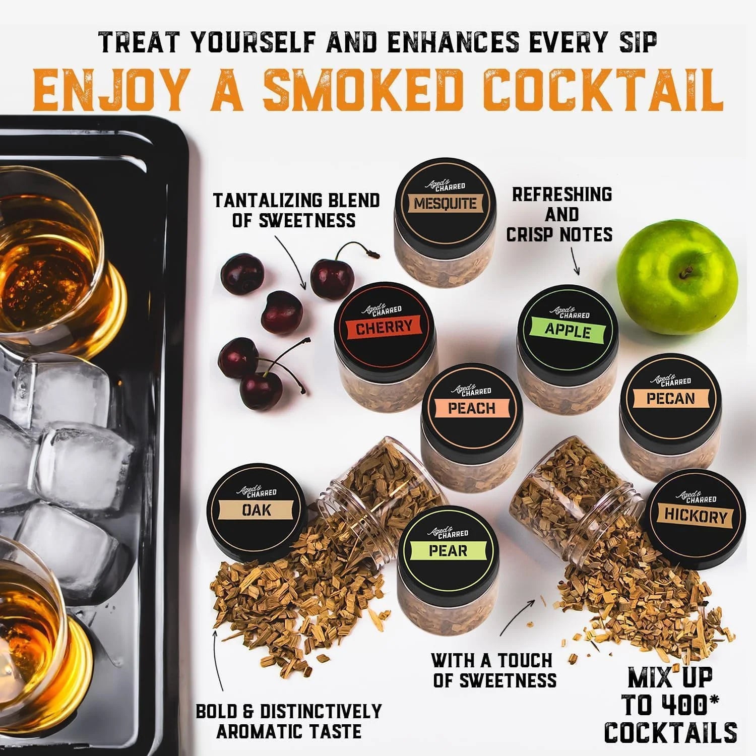 Whiskey Cocktail Smoker Kit with Torch & 8 Flavors Wood Chips - Premium USA Oak Smoker - Old Fashioned Smoker Kit - Bourbon Gifts for Men (With Butane)