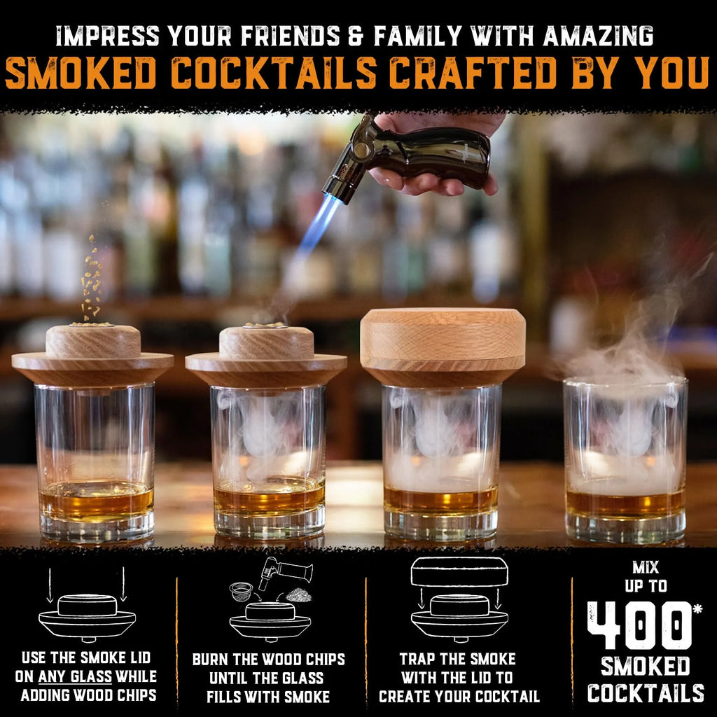Whiskey Cocktail Smoker Kit with Torch & 8 Flavors Wood Chips - Premium USA Oak Smoker - Old Fashioned Smoker Kit - Bourbon Gifts for Men (With Butane)