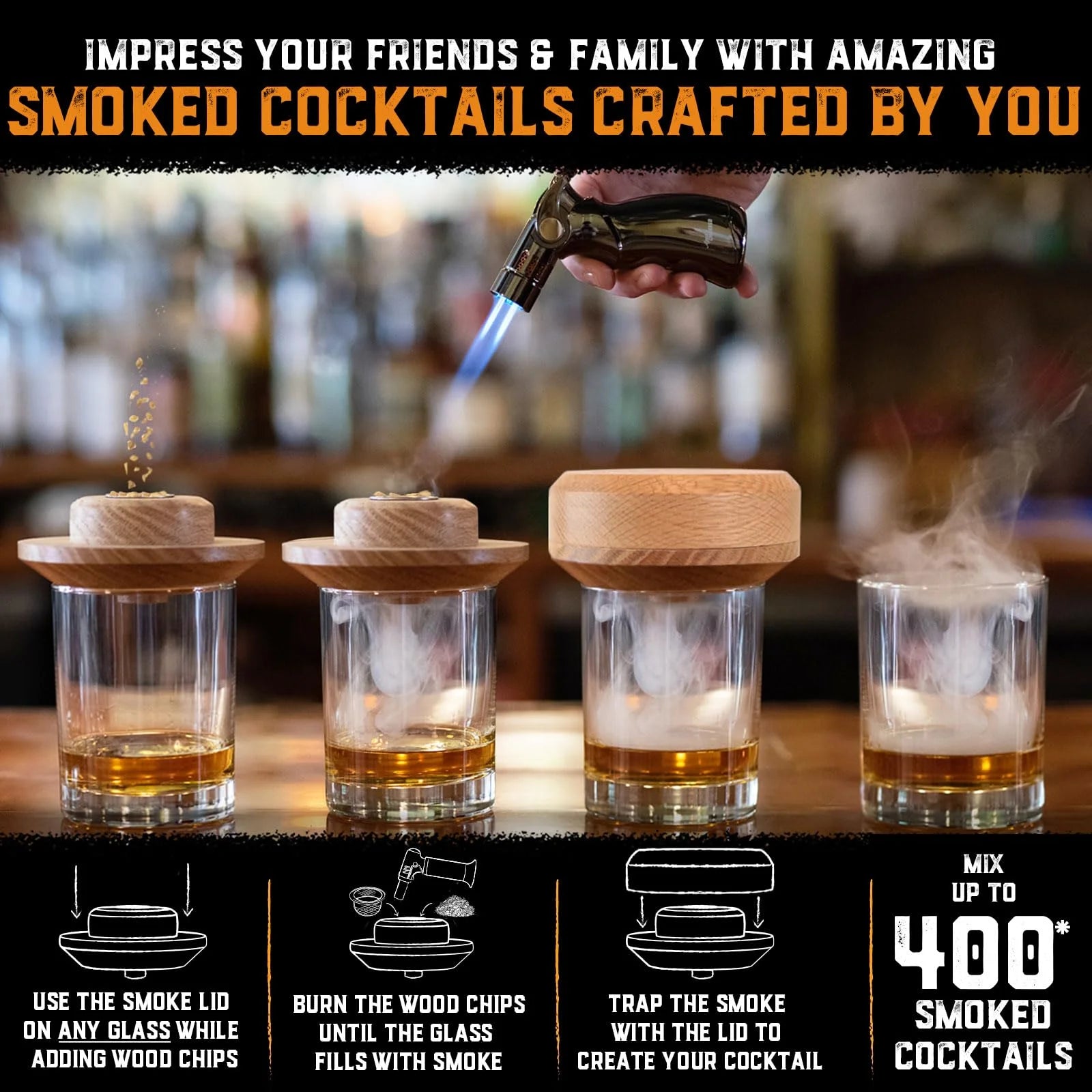Whiskey Cocktail Smoker Kit with Torch & 8 Flavors Wood Chips - Premium USA Oak Smoker - Old Fashioned Smoker Kit - Bourbon Gifts for Men (With Butane)