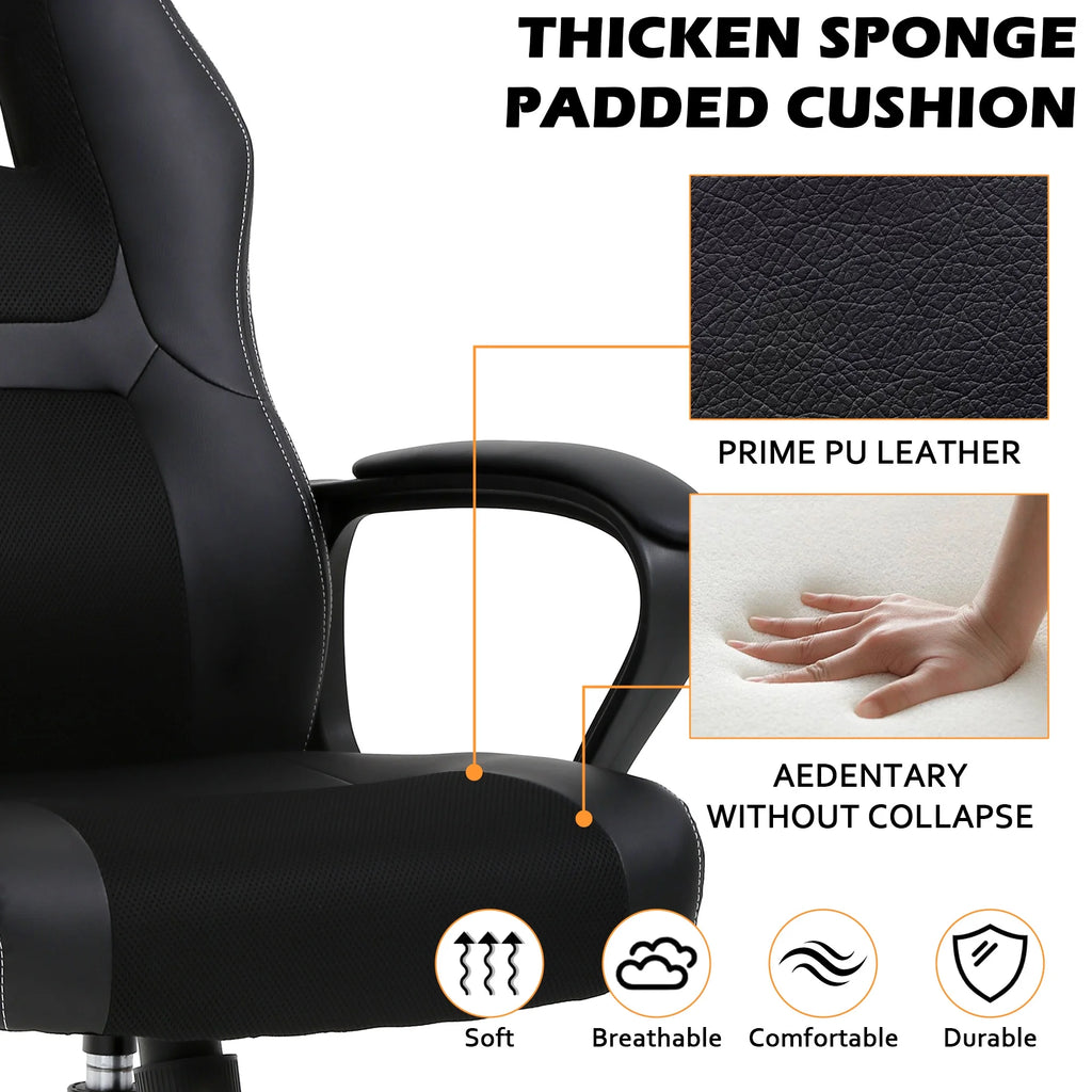 PC Gaming Chair, Ergonomic Computer Chair PU Leather Gamer Chair with Headrest and Lumbar Support, Height Adjustable Video Game Chair Gaming Chair for Adults Teen, Black
