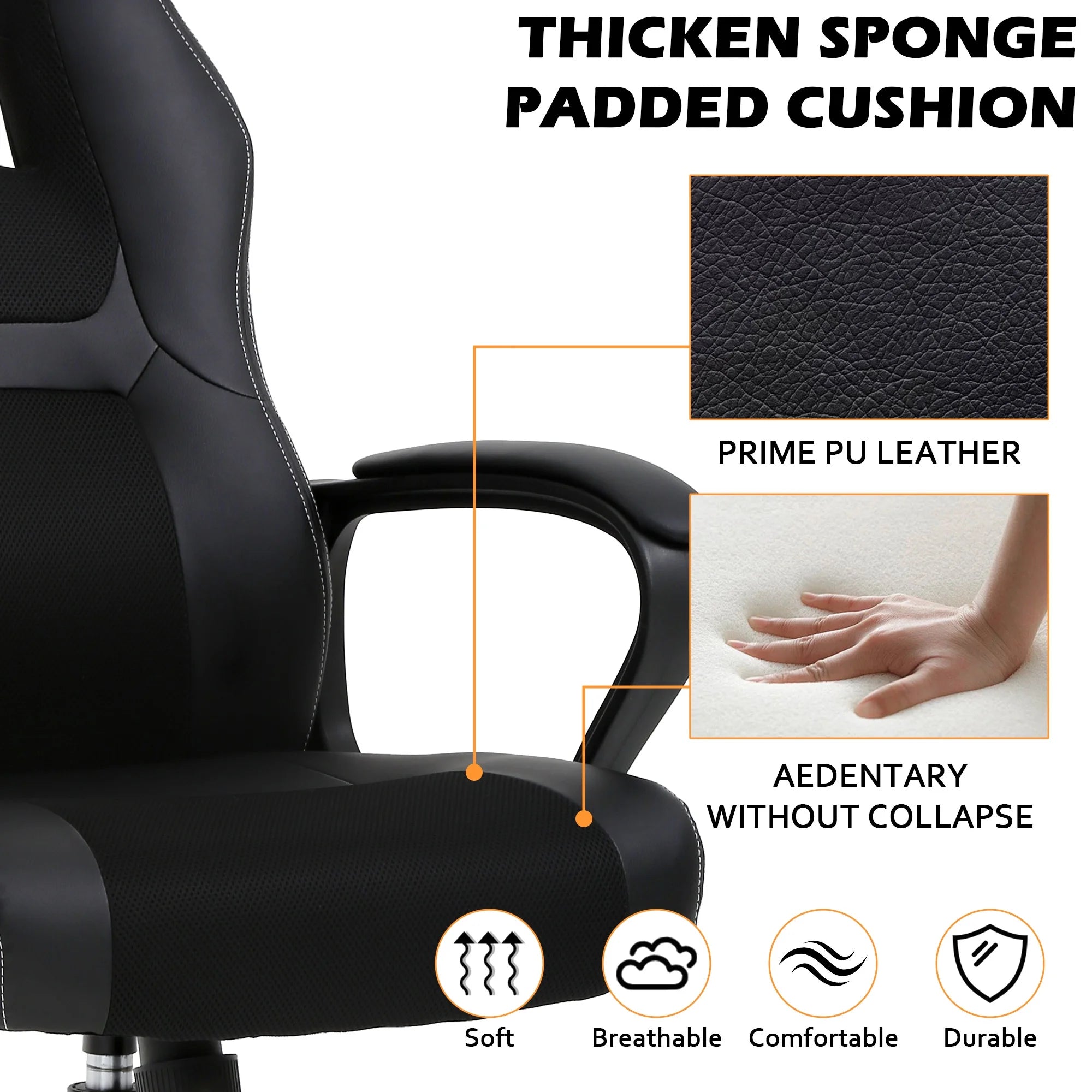 PC Gaming Chair, Ergonomic Computer Chair PU Leather Gamer Chair with Headrest and Lumbar Support, Height Adjustable Video Game Chair Gaming Chair for Adults Teen, Black