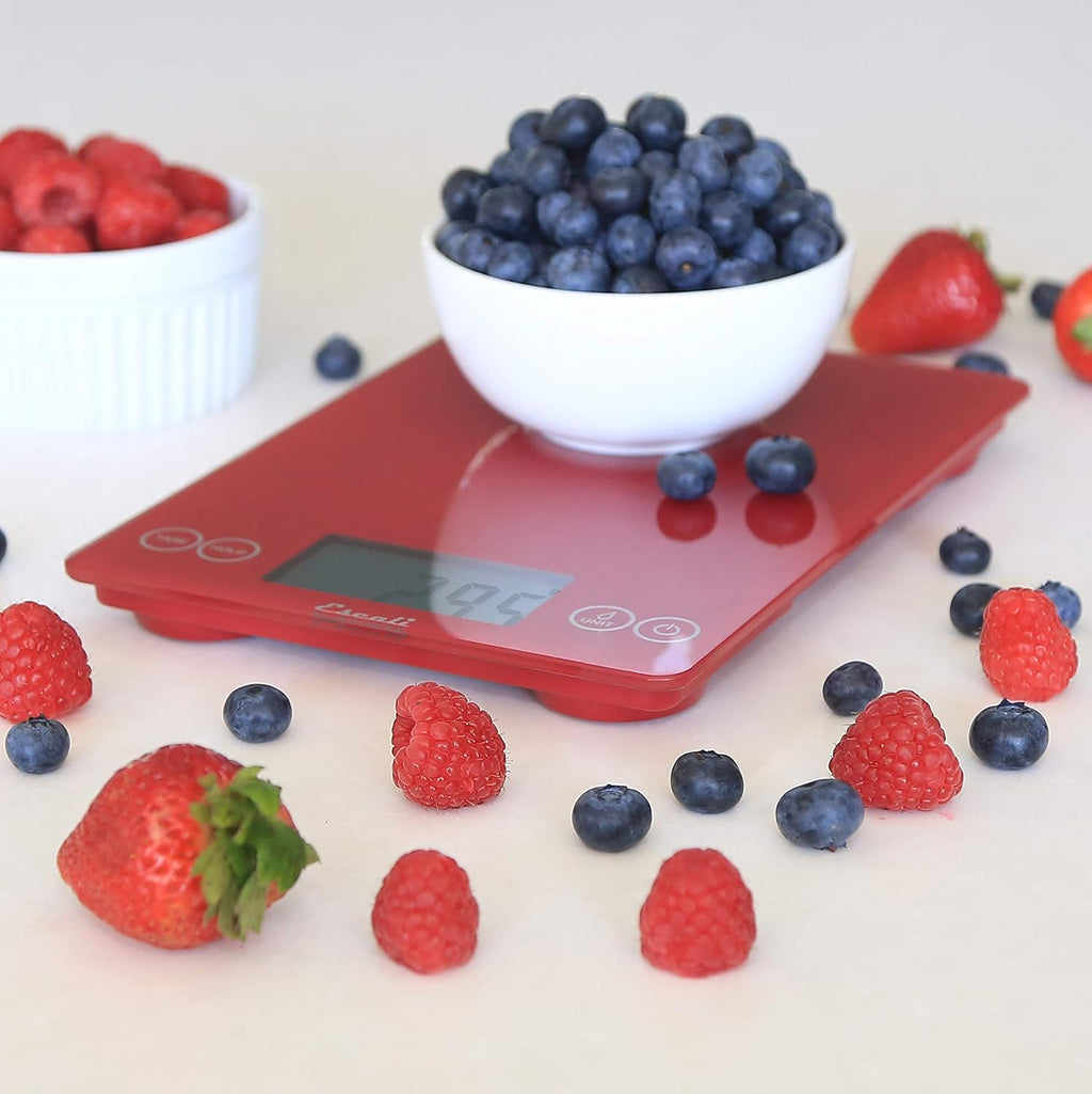 Arti Glass Food Scale Digital Countertop Kitchen, Baking and Cooking Scale with Nutrition and Calorie Counter, 15-Pound Capacity, 9" X 6.5" X .75", Rio Red