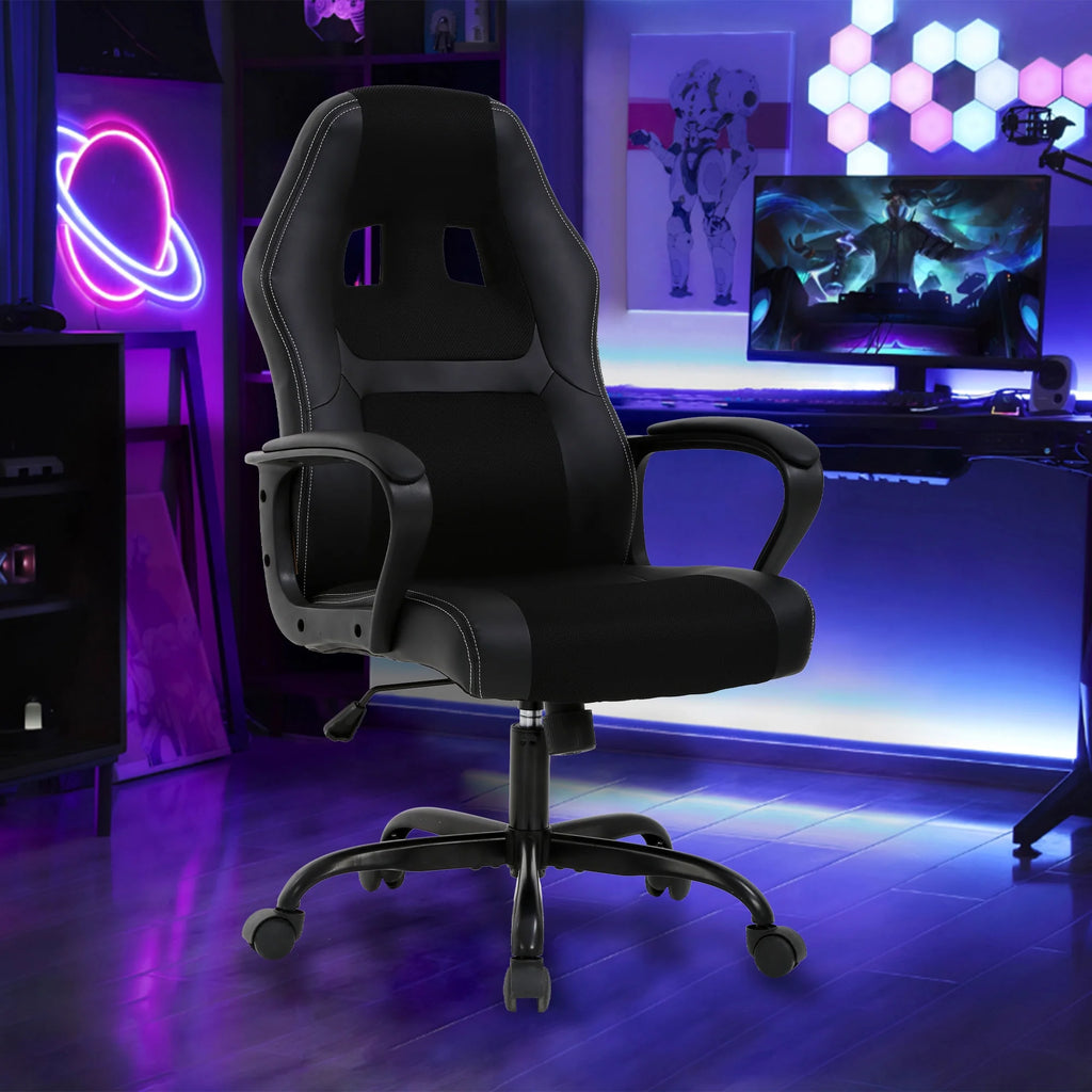 PC Gaming Chair, Ergonomic Computer Chair PU Leather Gamer Chair with Headrest and Lumbar Support, Height Adjustable Video Game Chair Gaming Chair for Adults Teen, Black