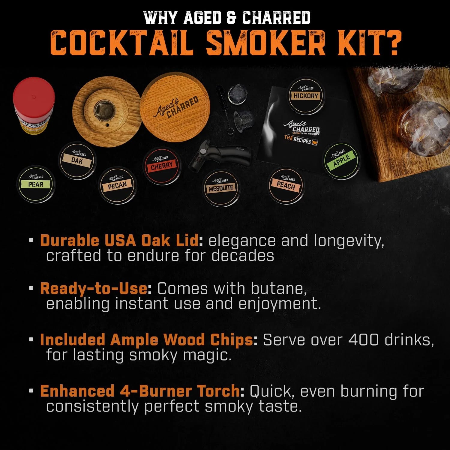 Whiskey Cocktail Smoker Kit with Torch & 8 Flavors Wood Chips - Premium USA Oak Smoker - Old Fashioned Smoker Kit - Bourbon Gifts for Men (With Butane)
