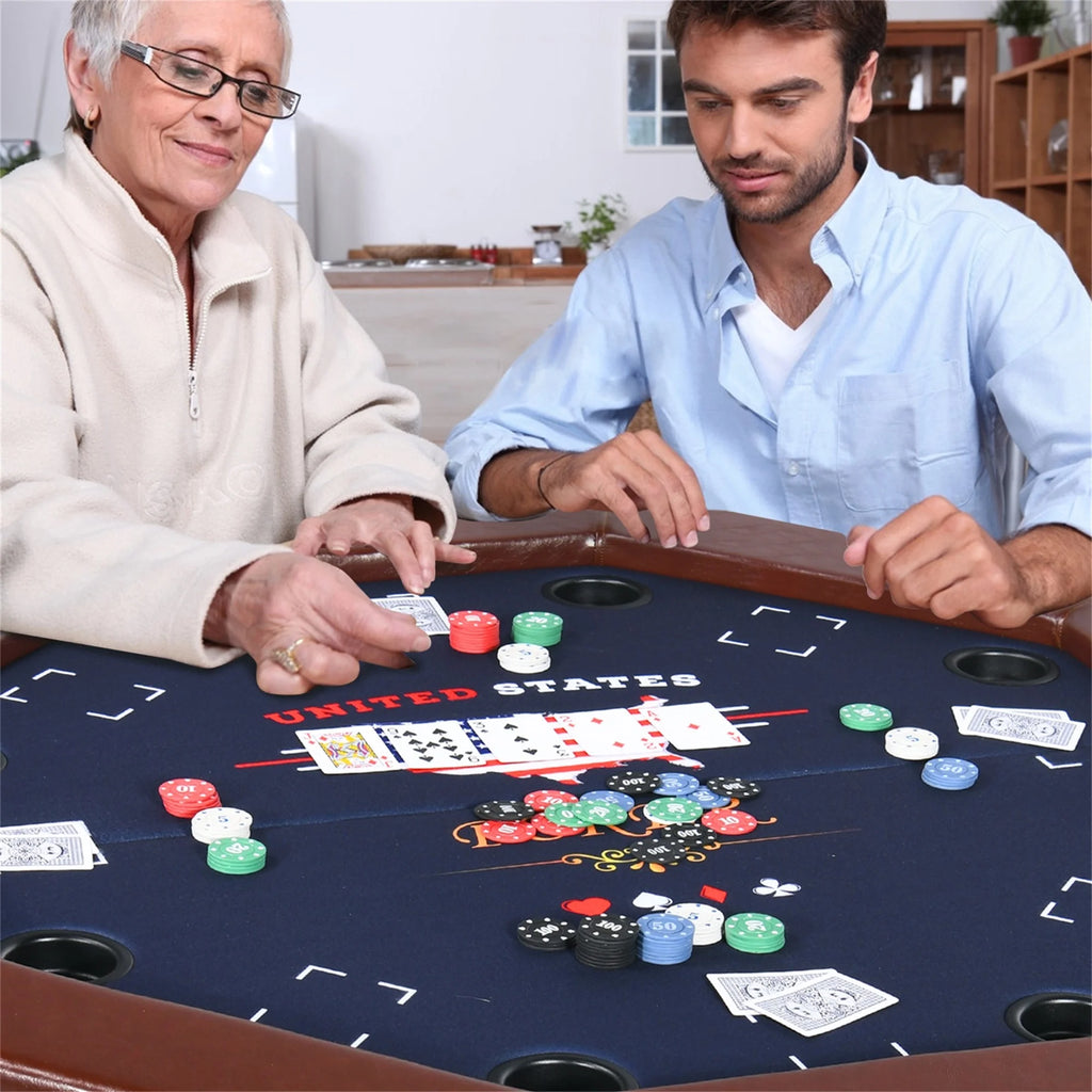 Poker Table Foldable, 8 Player Octagonal Texas Holdem Table W/Cushioned Rail, Stainless Steel Cup Holders, Casino-Grade Felt Surface (Brown)