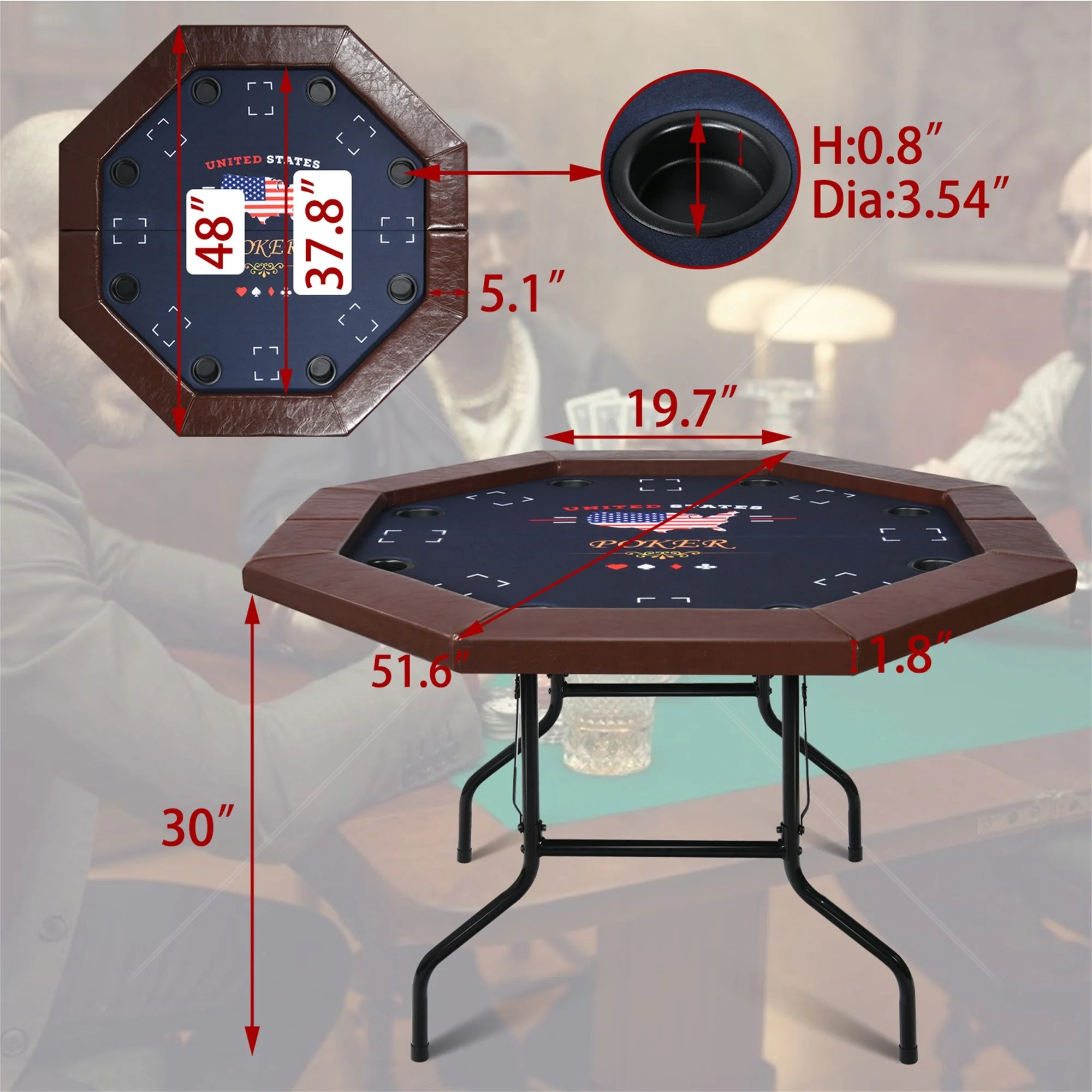 Poker Table Foldable, 8 Player Octagonal Texas Holdem Table W/Cushioned Rail, Stainless Steel Cup Holders, Casino-Grade Felt Surface (Brown)