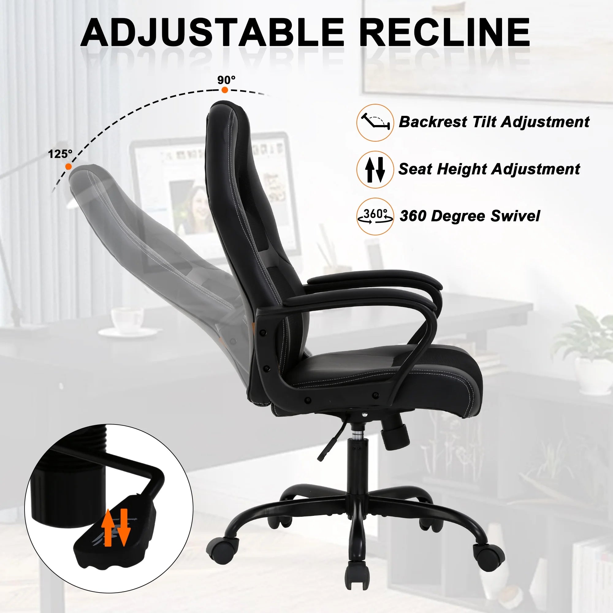 PC Gaming Chair, Ergonomic Computer Chair PU Leather Gamer Chair with Headrest and Lumbar Support, Height Adjustable Video Game Chair Gaming Chair for Adults Teen, Black