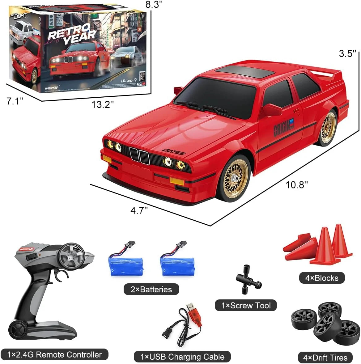 RC Sports Car, 1:16 Scale Retro M3 RC Car Model Toy, High-Speed Drift 4X4 Sedan Racing, Suitable for 9+ Ages