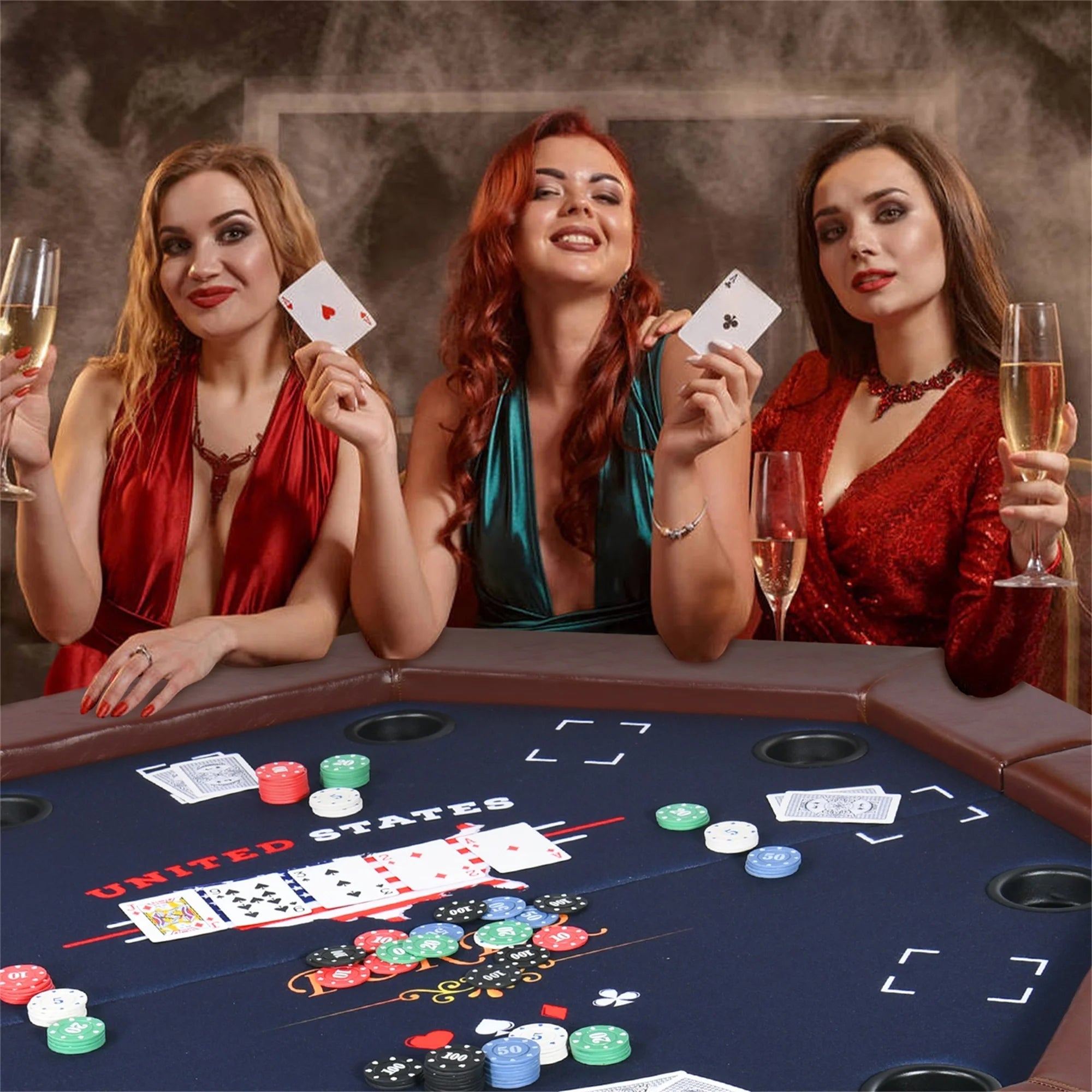 Poker Table Foldable, 8 Player Octagonal Texas Holdem Table W/Cushioned Rail, Stainless Steel Cup Holders, Casino-Grade Felt Surface (Brown)