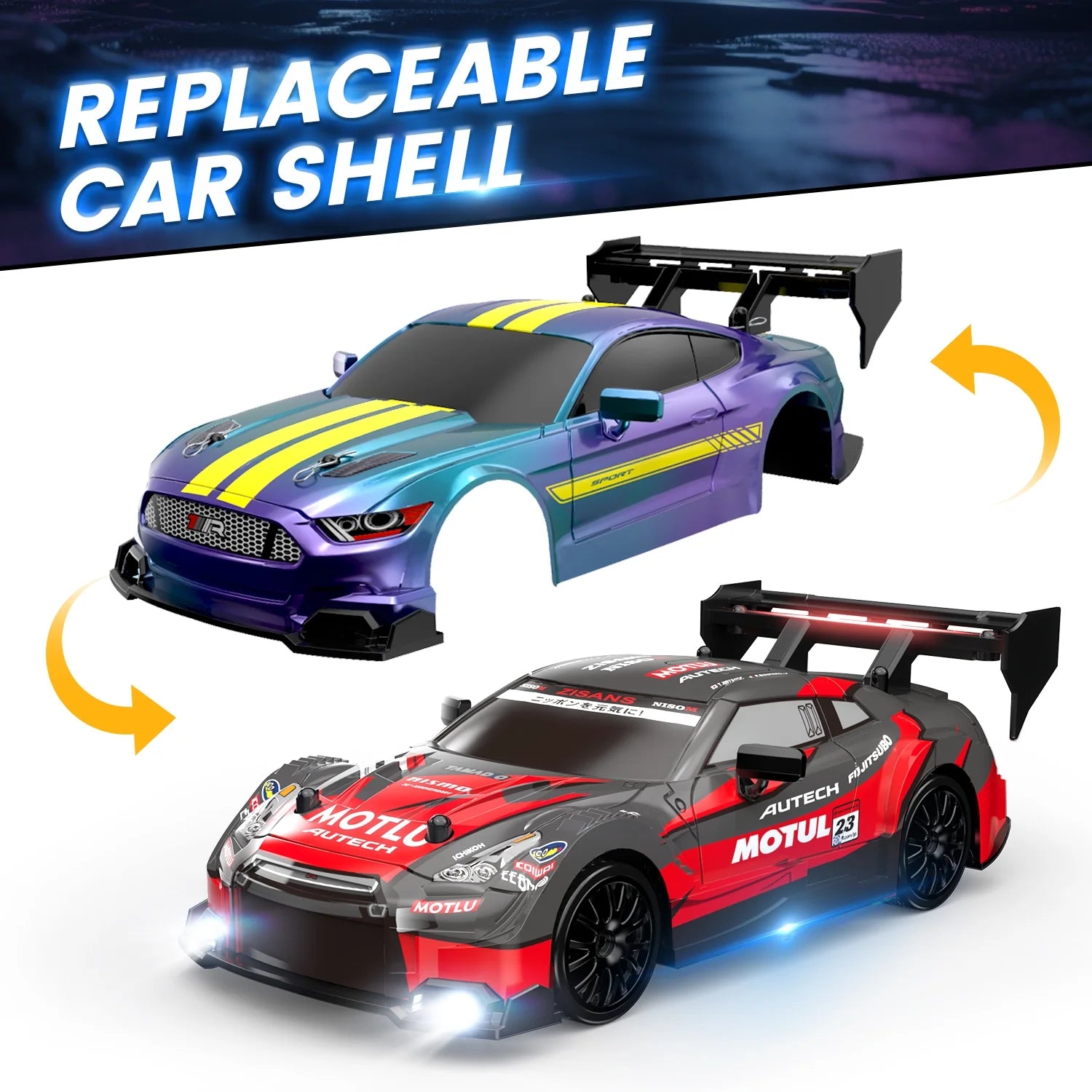 RC Drift Car, 4WD 2.4Ghz Remote Control Car for Kids W/LED Lights, Car Shell, 2 Rechargeable Batteries, 40Mins Playtime, Racing & Drift Wheels, 8 Traffic Cones, Toy Cars for Boys Girls