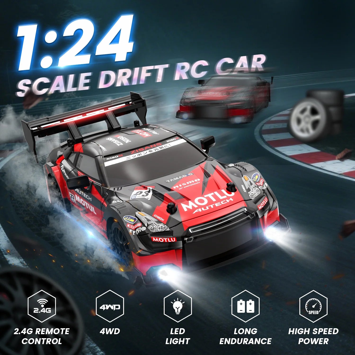 RC Drift Car, 4WD 2.4Ghz Remote Control Car for Kids W/LED Lights, Car Shell, 2 Rechargeable Batteries, 40Mins Playtime, Racing & Drift Wheels, 8 Traffic Cones, Toy Cars for Boys Girls