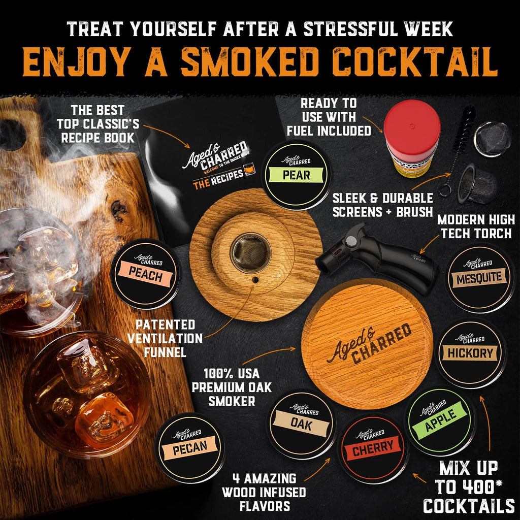 Whiskey Cocktail Smoker Kit with Torch & 8 Flavors Wood Chips - Premium USA Oak Smoker - Old Fashioned Smoker Kit - Bourbon Gifts for Men (With Butane)
