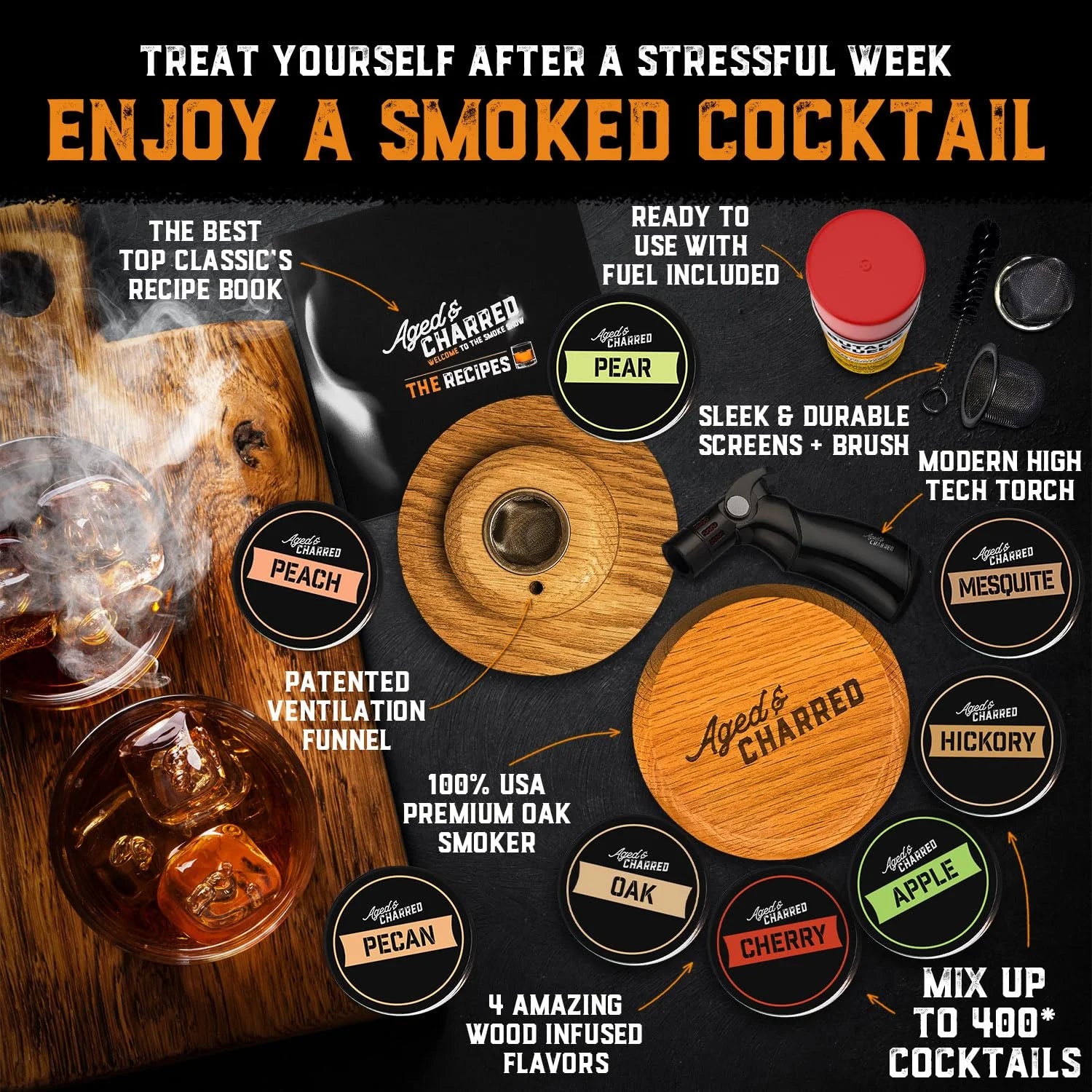Whiskey Cocktail Smoker Kit with Torch & 8 Flavors Wood Chips - Premium USA Oak Smoker - Old Fashioned Smoker Kit - Bourbon Gifts for Men (With Butane)