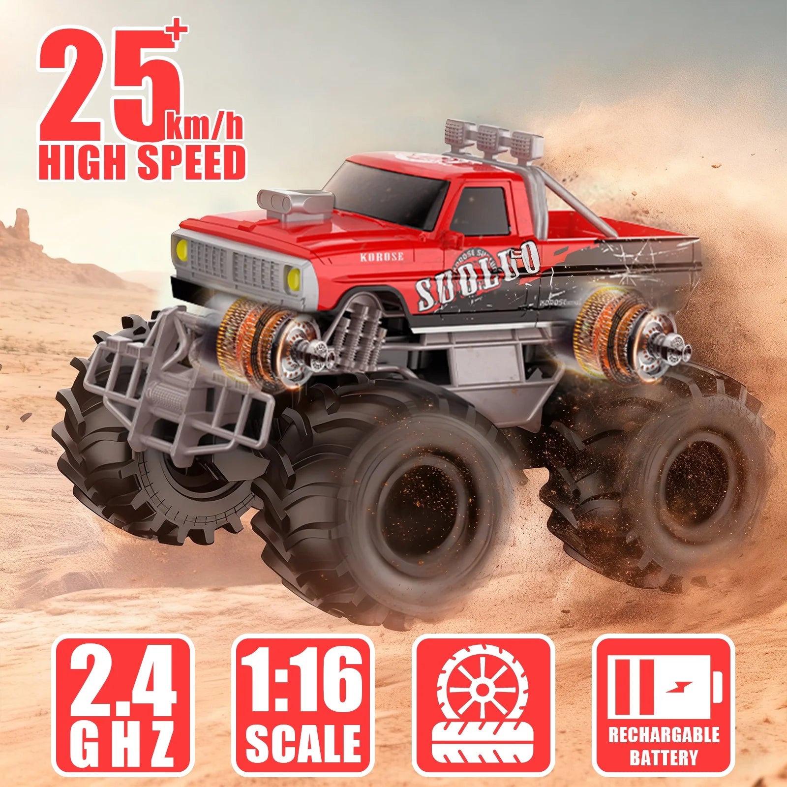 1:16 Remote Control Car, RC Monster Truck Toys, RC Car for Kids, Kids RC Vehicle for Boys & Two Battery