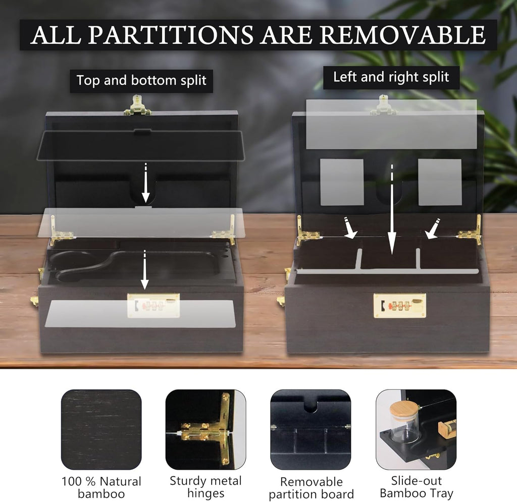 Bamboo Stash Boxes with Combination Lock, Upgraded with Metal Carrying Handle Ho