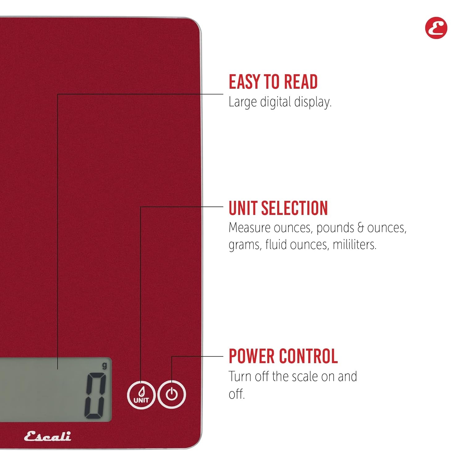 Arti Glass Food Scale Digital Countertop Kitchen, Baking and Cooking Scale with Nutrition and Calorie Counter, 15-Pound Capacity, 9" X 6.5" X .75", Rio Red