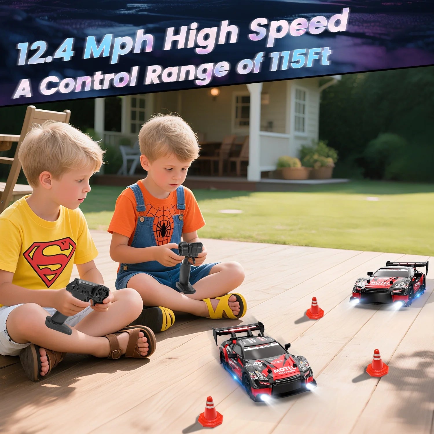 RC Drift Car, 4WD 2.4Ghz Remote Control Car for Kids W/LED Lights, Car Shell, 2 Rechargeable Batteries, 40Mins Playtime, Racing & Drift Wheels, 8 Traffic Cones, Toy Cars for Boys Girls