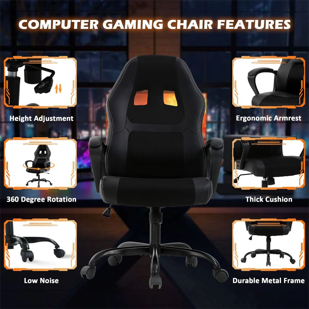 PC Gaming Chair, Ergonomic Computer Chair PU Leather Gamer Chair with Headrest and Lumbar Support, Height Adjustable Video Game Chair Gaming Chair for Adults Teen, Black