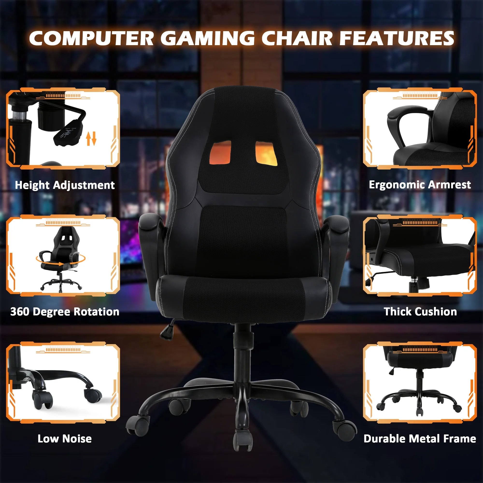 PC Gaming Chair, Ergonomic Computer Chair PU Leather Gamer Chair with Headrest and Lumbar Support, Height Adjustable Video Game Chair Gaming Chair for Adults Teen, Black