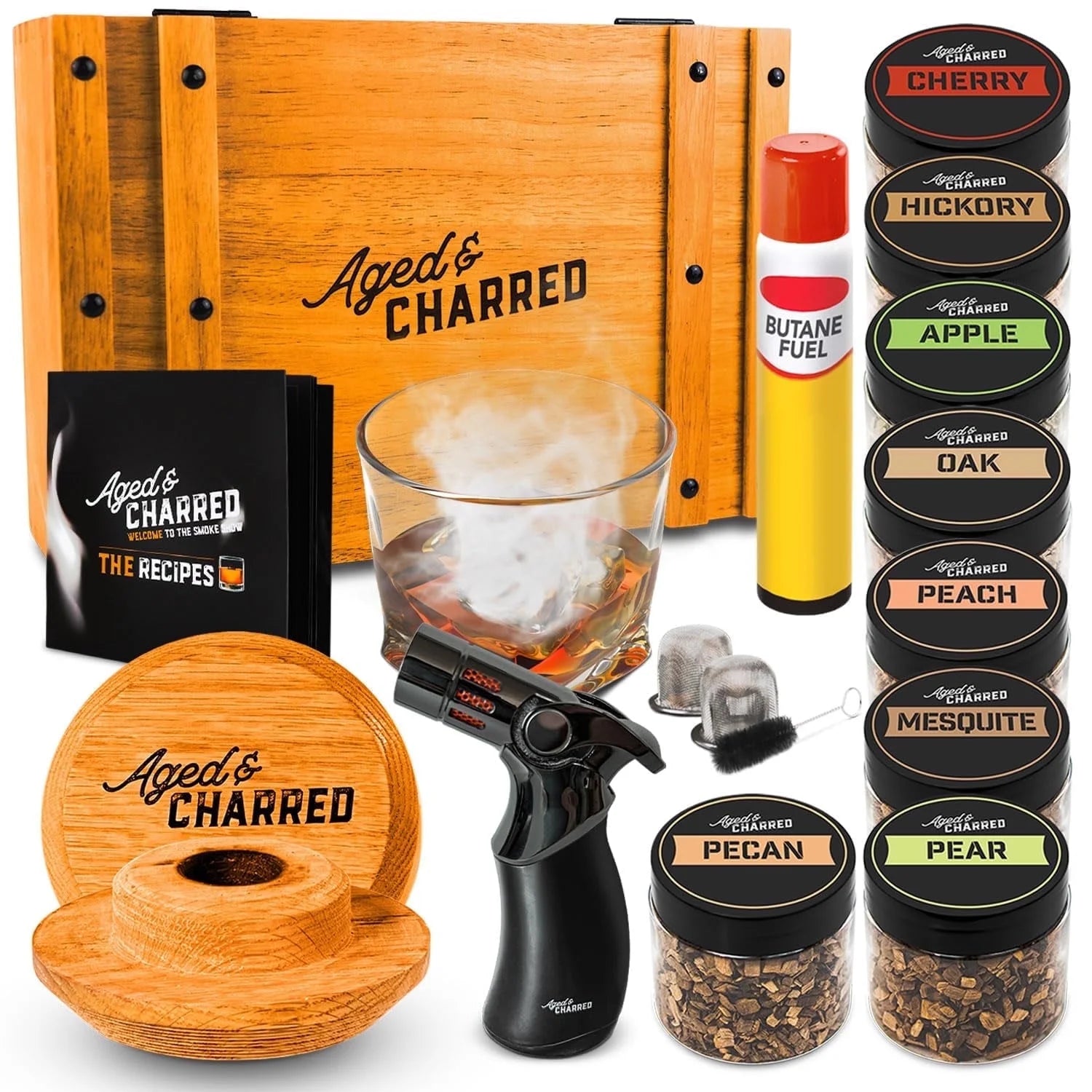 Whiskey Cocktail Smoker Kit with Torch & 8 Flavors Wood Chips - Premium USA Oak Smoker - Old Fashioned Smoker Kit - Bourbon Gifts for Men (With Butane)