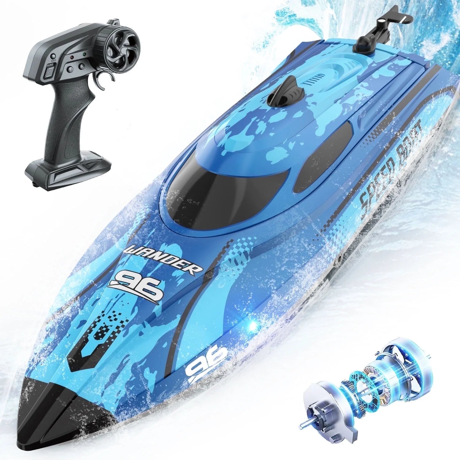 Remote Control Boat with LED Lights, 25+ Mph, 12 Inch High-Speed RC Racing Boats for Pool & Lakes, Pool Toys for Kids & Adults, Blue