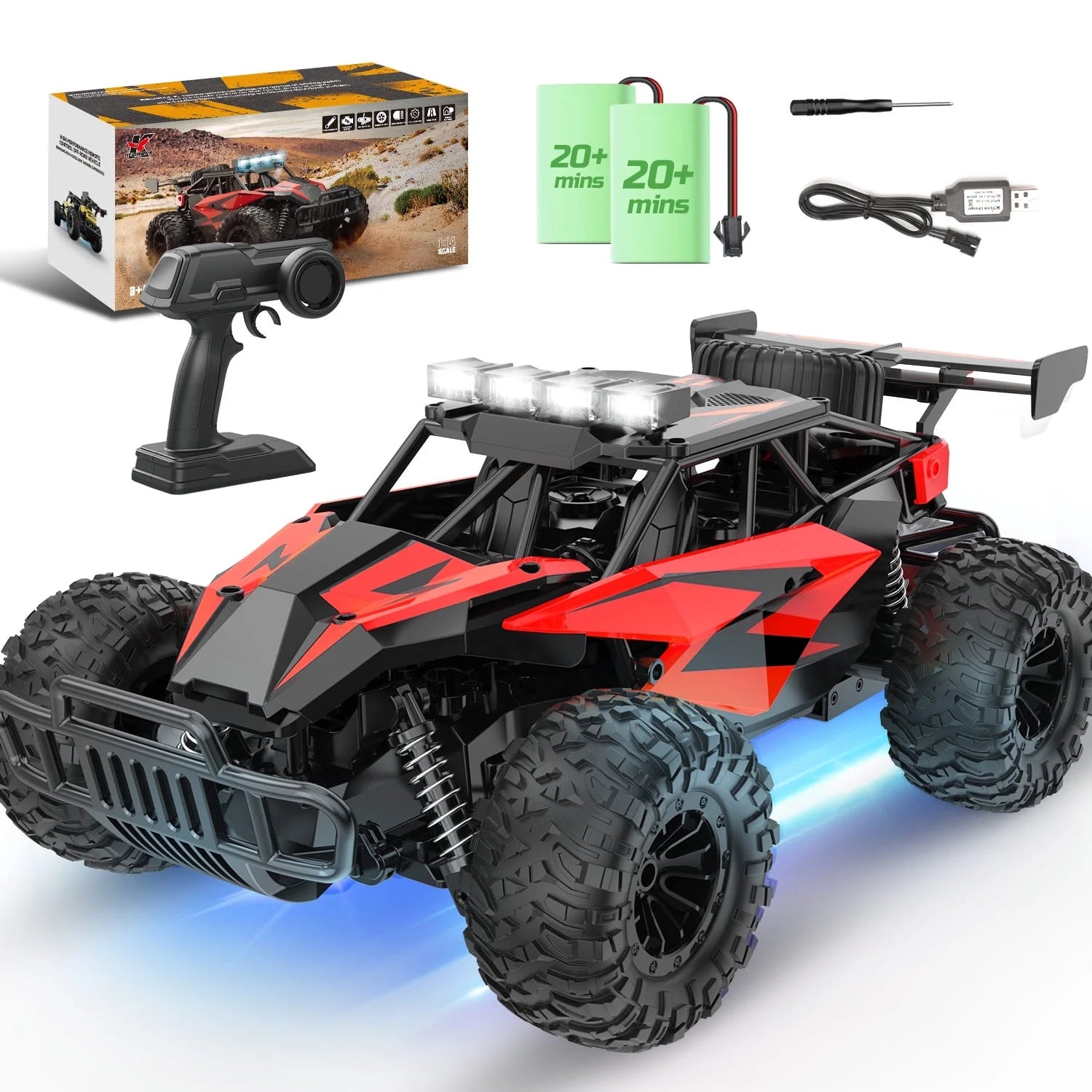 RC Cars 1:14 Scale Remote Control Truck, 15+ Mph High Speed Monster Truck with LED Headlights, Chassis Lights and 2 Batteries for Boys Kids, Red