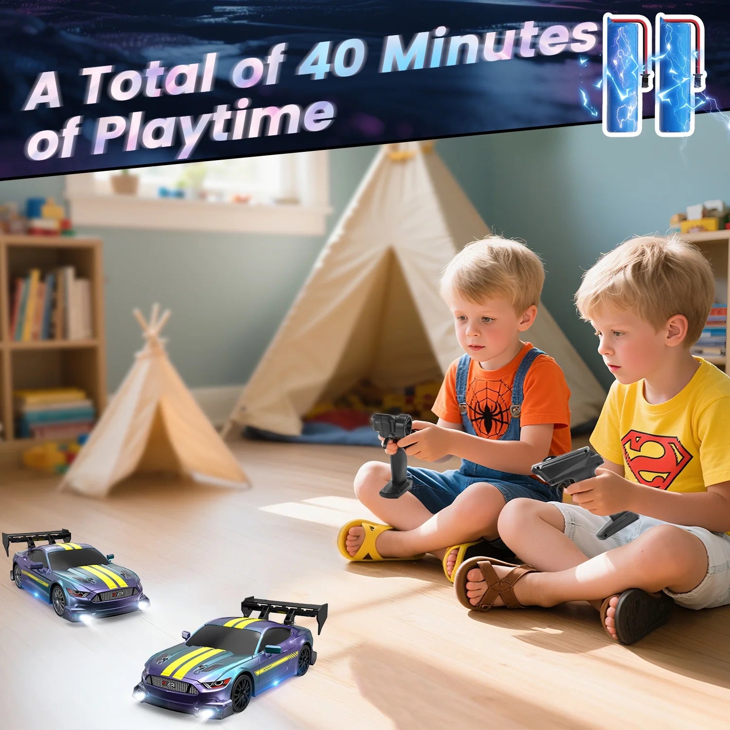 RC Drift Car, 4WD 2.4Ghz Remote Control Car for Kids W/LED Lights, Car Shell, 2 Rechargeable Batteries, 40Mins Playtime, Racing & Drift Wheels, 8 Traffic Cones, Toy Cars for Boys Girls